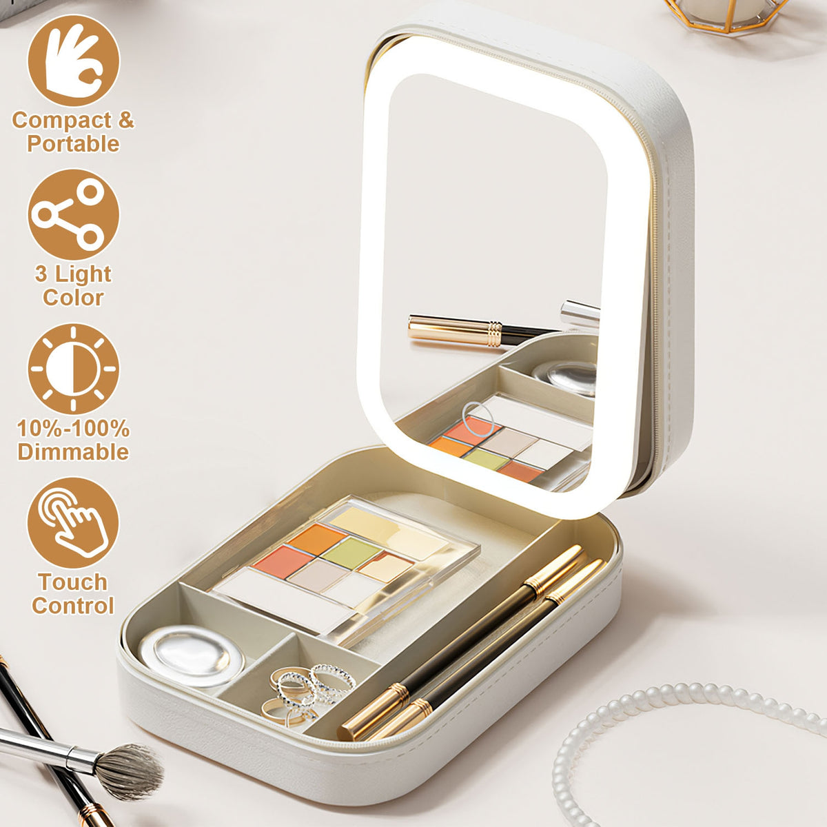 Travel Makeup Case with LED Mirror, Rechargeable