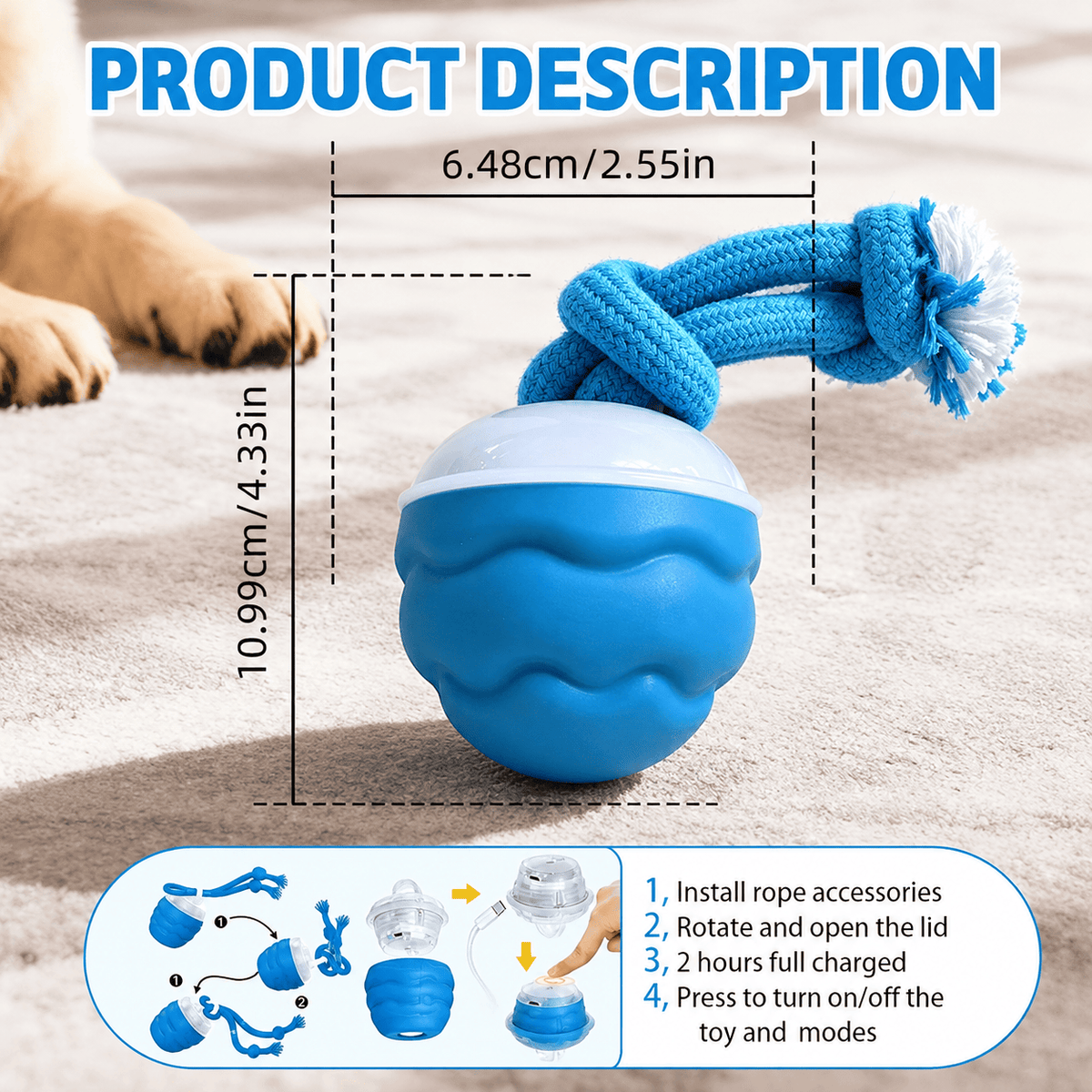 Automatic Rolling Dog Ball with Rope, 3 Modes