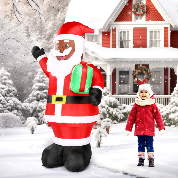 7 ft Inflatable Black Santa Claus Holding a Gift, with LED Lights