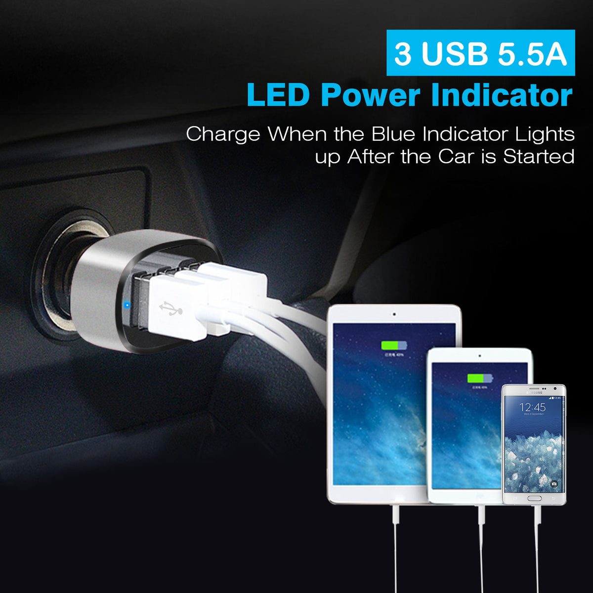 30W 3-Port USB Car Charger