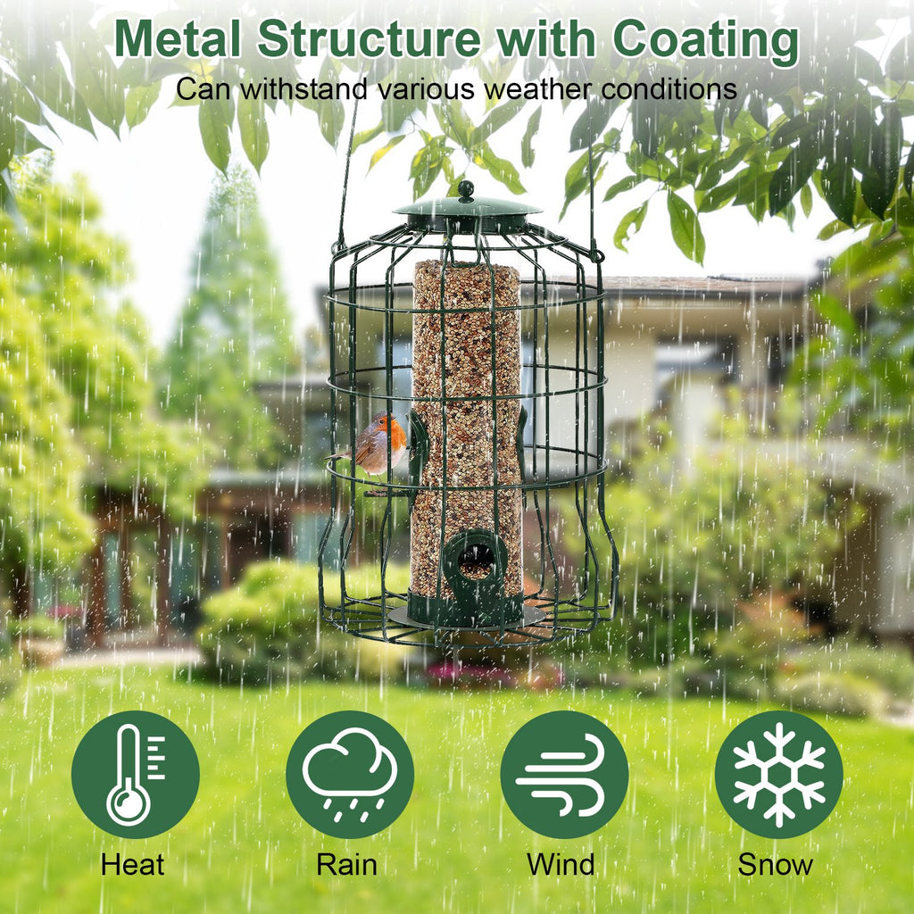 Squirrel Proof Bird Feeder with 4 Ports and Metal Cage