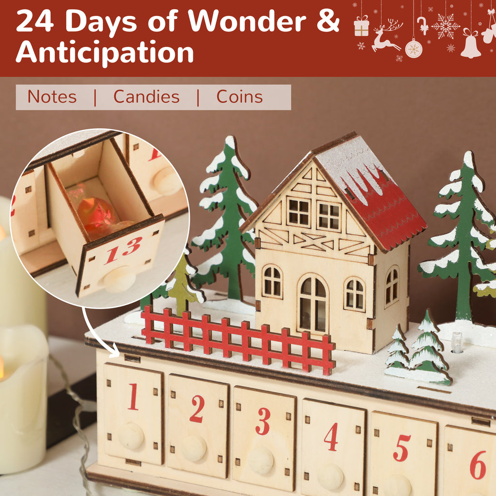 Long Light-Up Wooden Advent Calendar Village, 24 Drawers