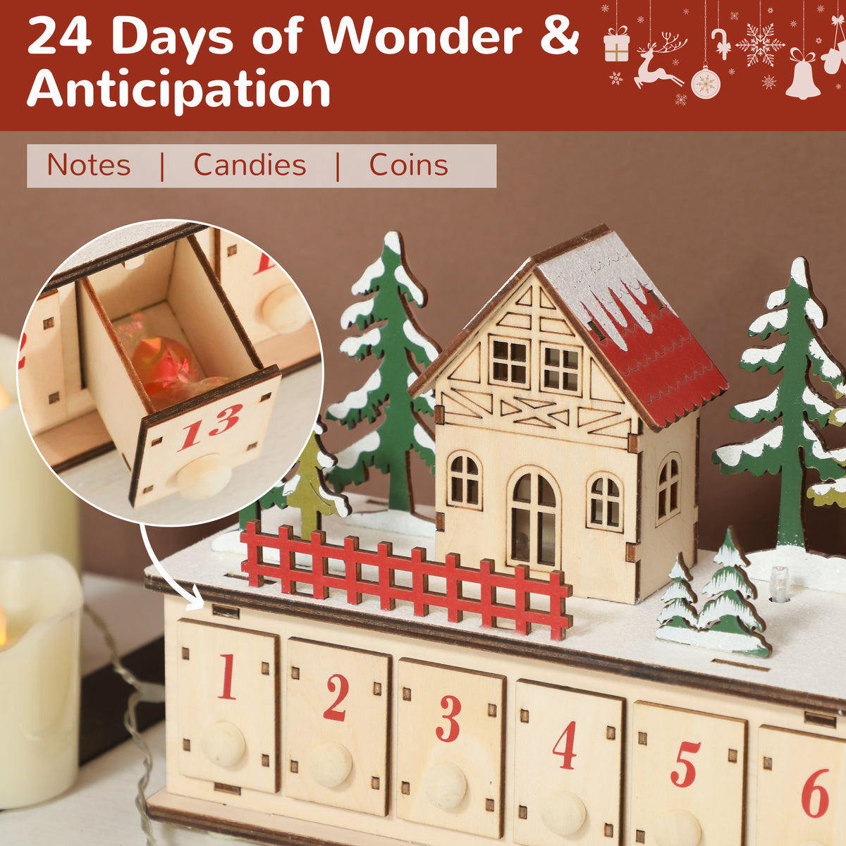 Long Light-Up Wooden Advent Calendar Village, 24 Drawers