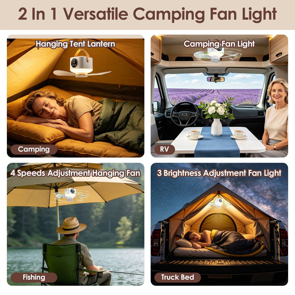 Rechargeable Hanging Tent Ceiling Fan with LED Light