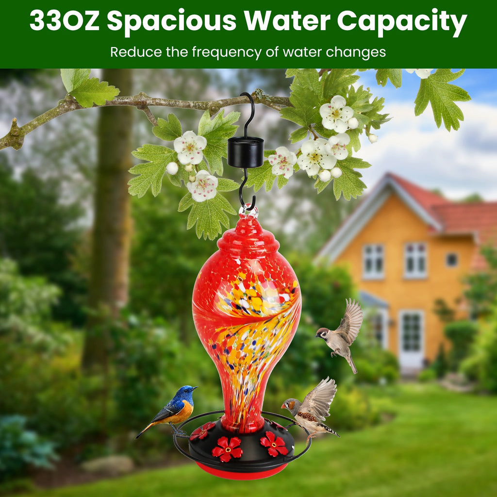 Hand Blown Glass Hummingbird Feeder, 33 oz, 5 Ports