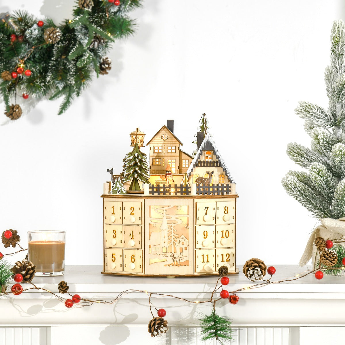 Octagonal Light-Up Wooden Advent Calendar with 24 Drawers
