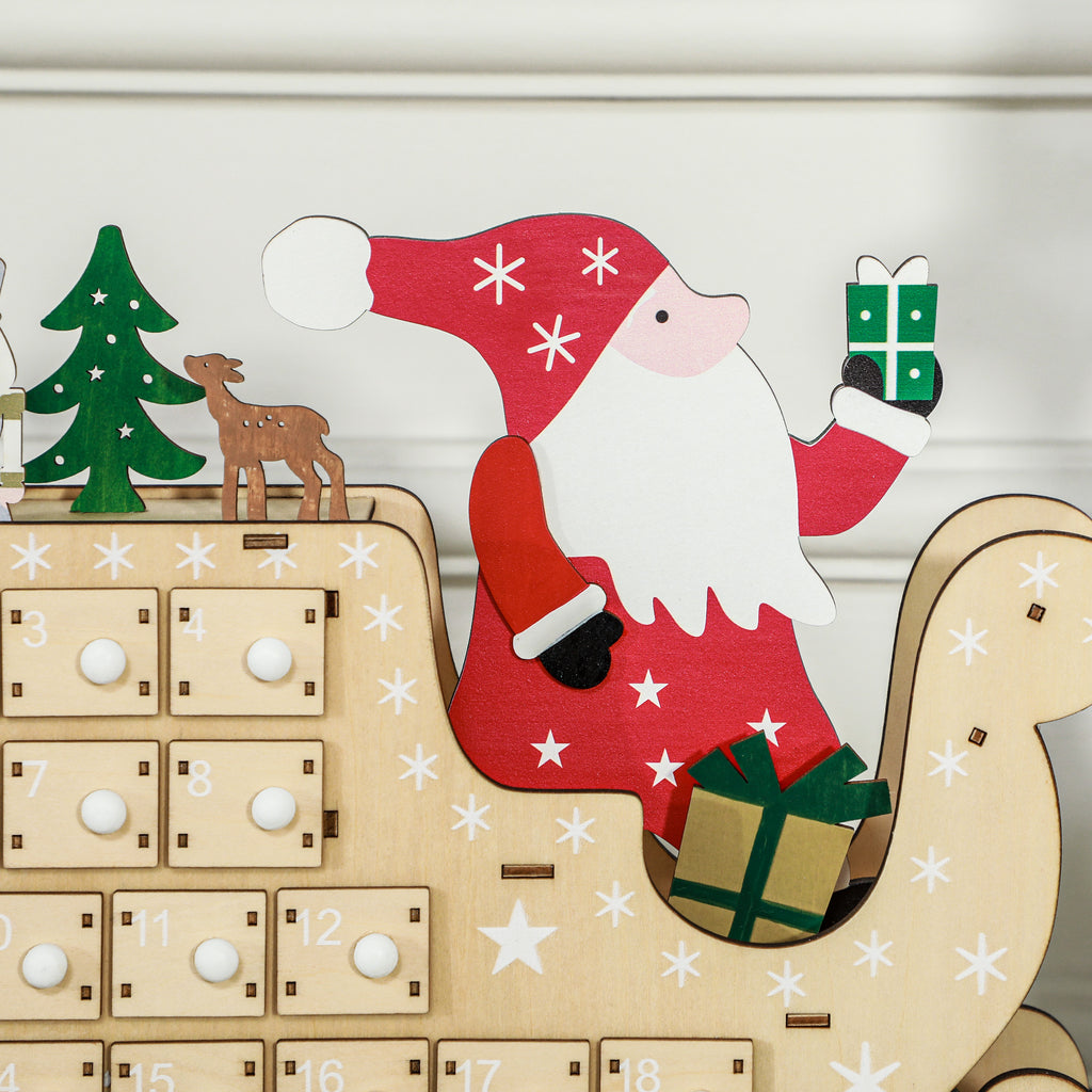 Wooden Advent Calendar, Santa Sleigh with 24 Countdown Drawers