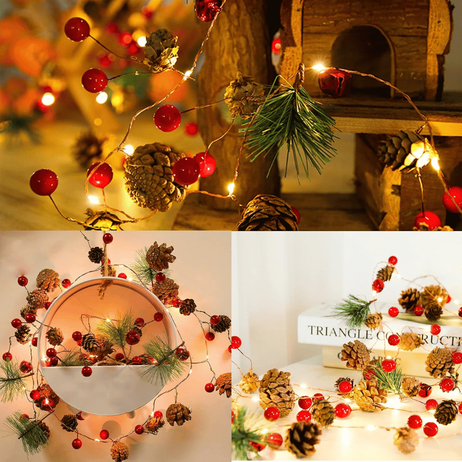 Lighted Pine Cone and Red Berry Christmas Garland, 10 ft, 30 LEDs