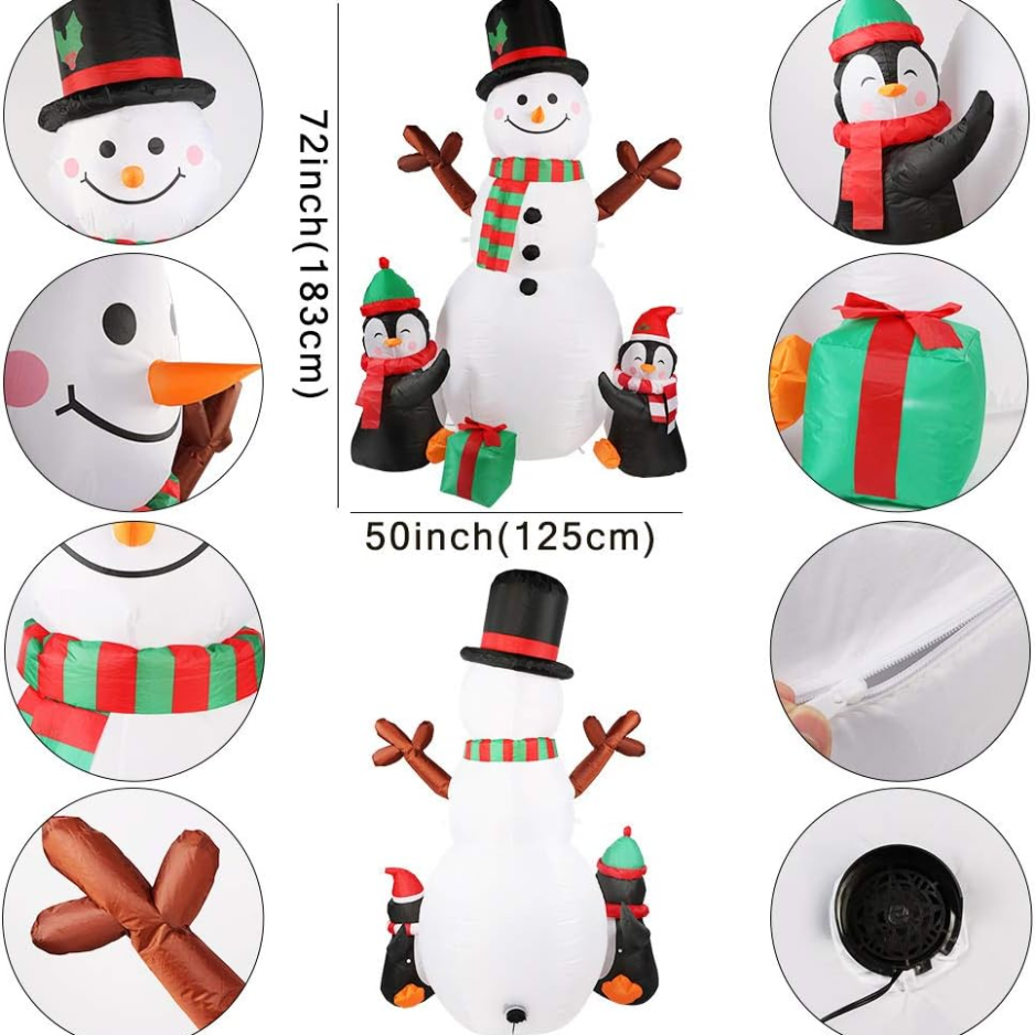 6 ft Inflatable Snowman with Penguins and Rotating Lights